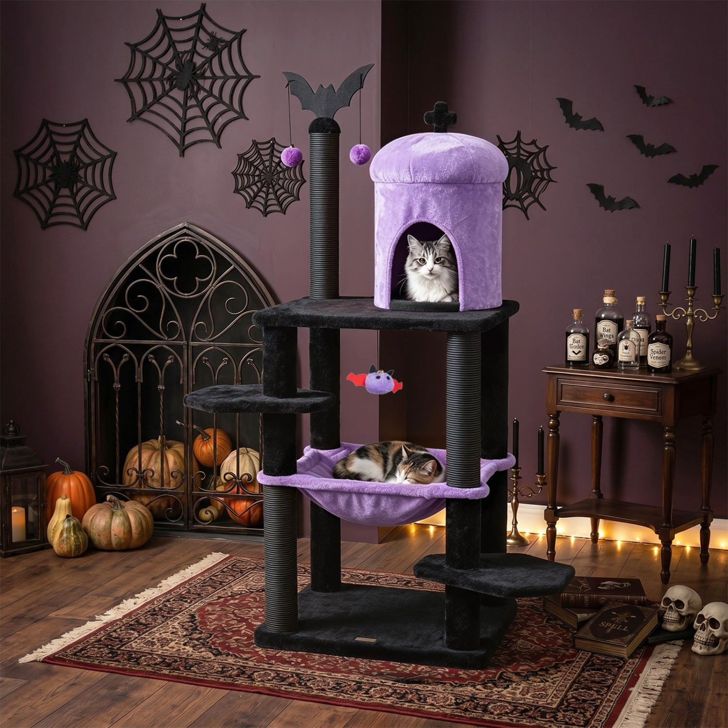 51" Gothic Multi-Level Cat Tree with Spider Toy & Hammock - Majestic Pet Kingdom