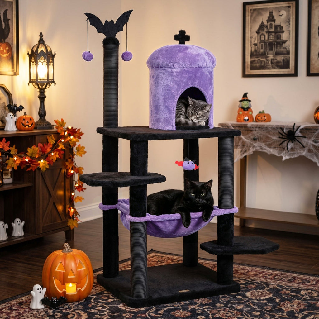 51" Gothic Multi-Level Cat Tree with Spider Toy & Hammock - Majestic Pet Kingdom
