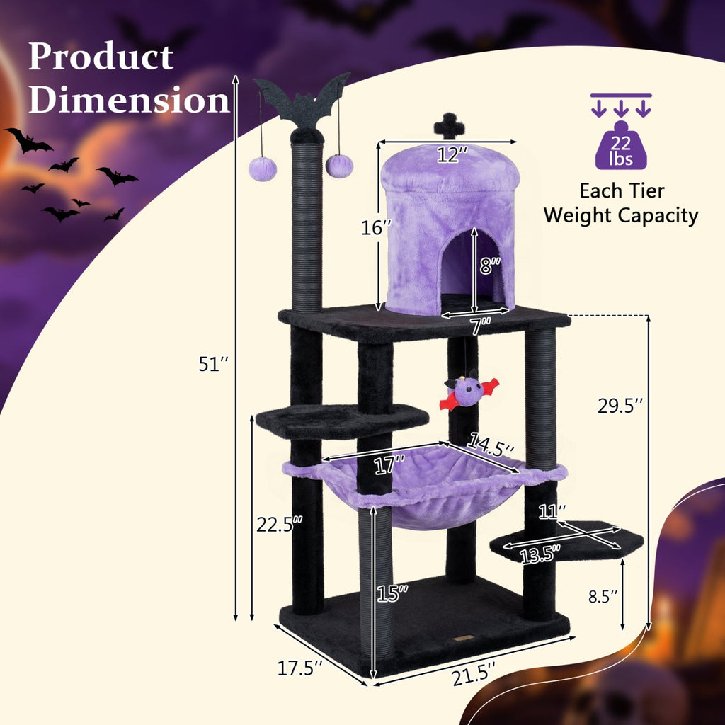 51" Gothic Multi-Level Cat Tree with Spider Toy & Hammock - Majestic Pet Kingdom