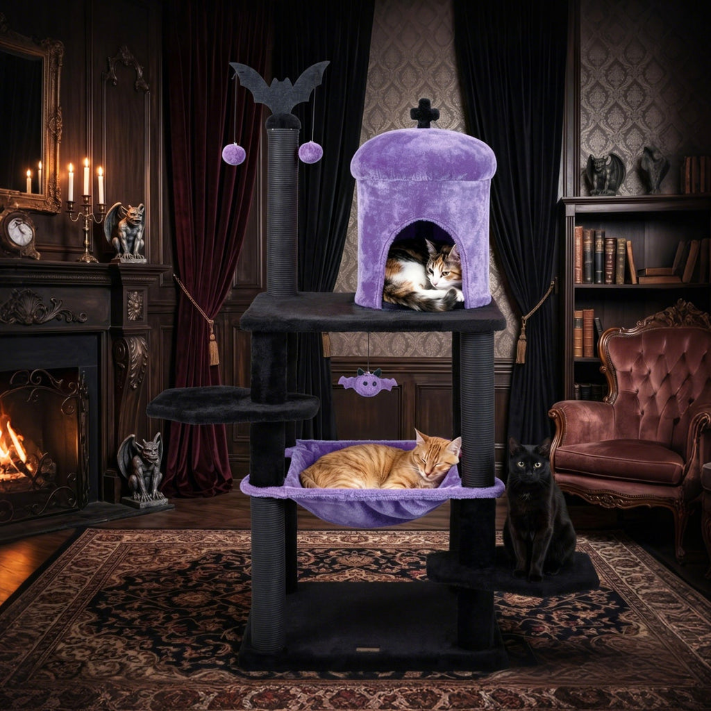 51" Gothic Multi-Level Cat Tree with Spider Toy & Hammock - Majestic Pet Kingdom