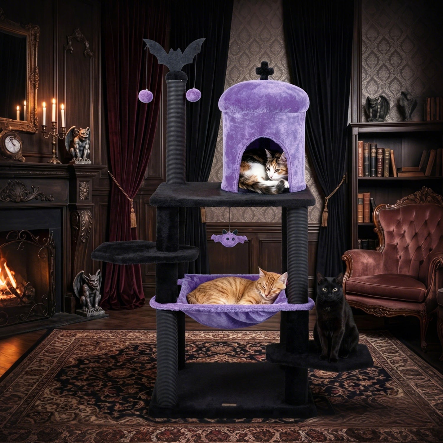 51" Gothic Multi-Level Cat Tree with Spider Toy & Hammock - Majestic Pet Kingdom