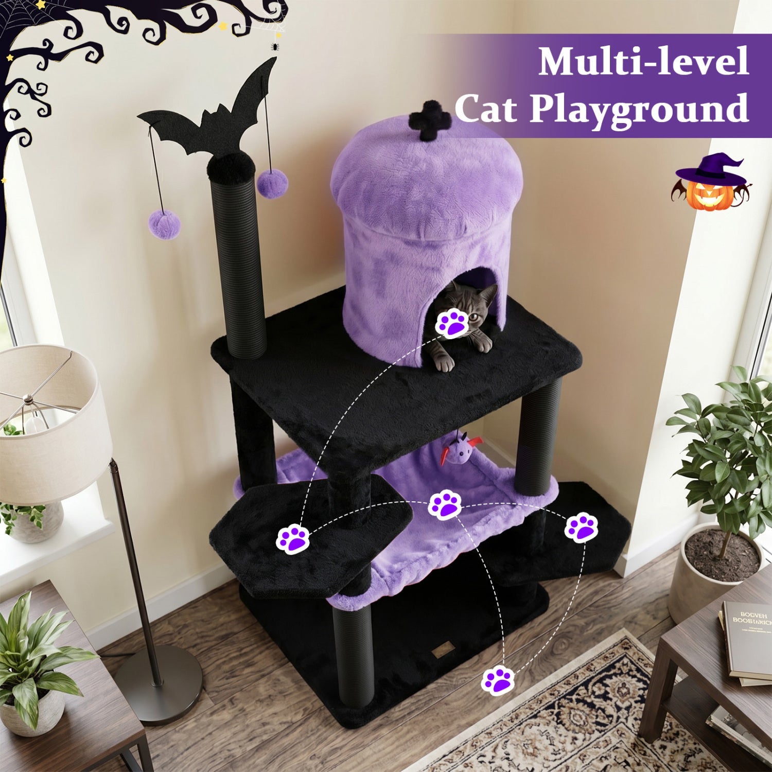 51" Gothic Multi-Level Cat Tree with Spider Toy & Hammock - Majestic Pet Kingdom