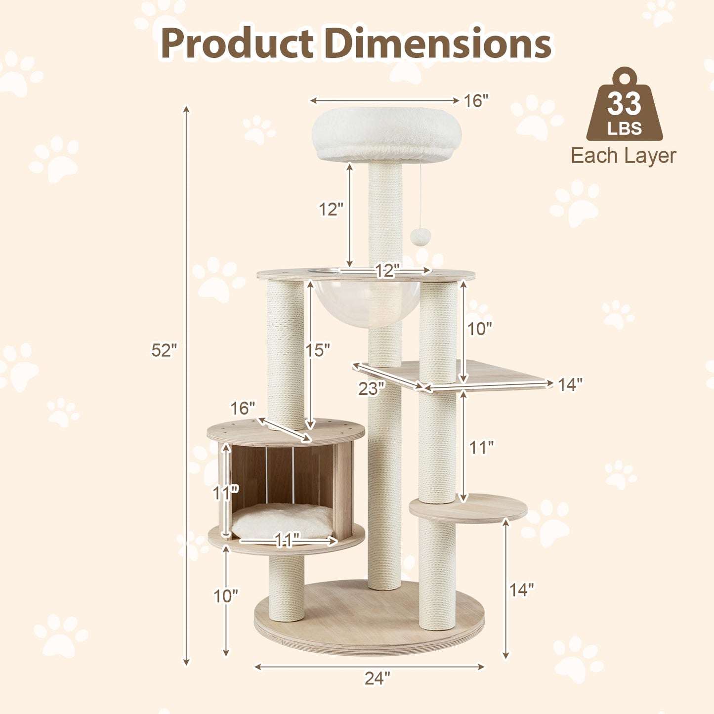 52 Inches Tall Wooden Cat Tree with Washable Plush Cushions and Multi-Level Climbing Stand - Majestic Pet Kingdom