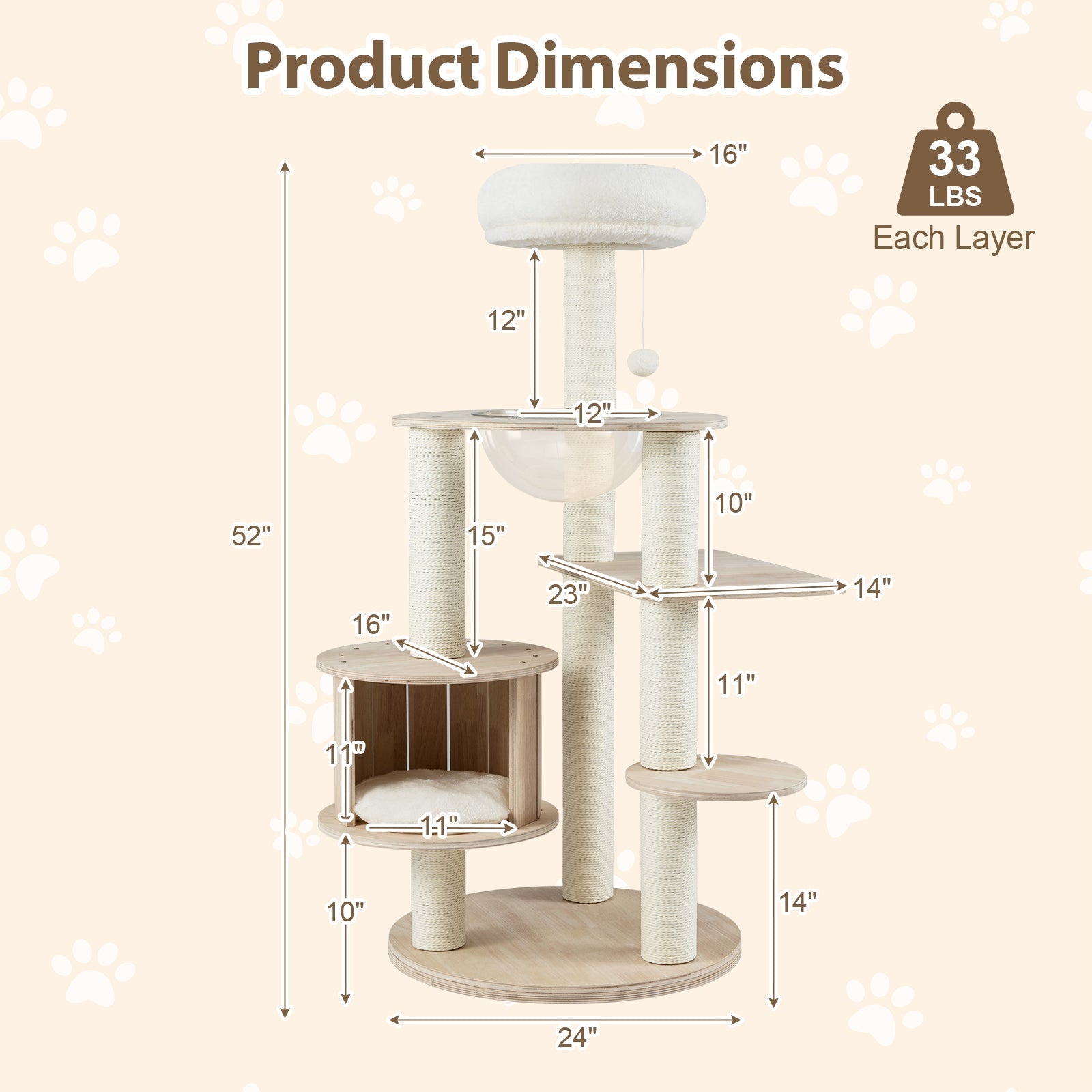 52 Inches Tall Wooden Cat Tree with Washable Plush Cushions and Multi-Level Climbing Stand - Majestic Pet Kingdom