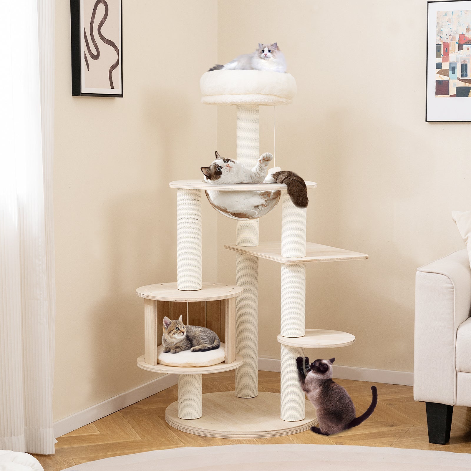 52 Inches Tall Wooden Cat Tree with Washable Plush Cushions and Multi-Level Climbing Stand - Majestic Pet Kingdom