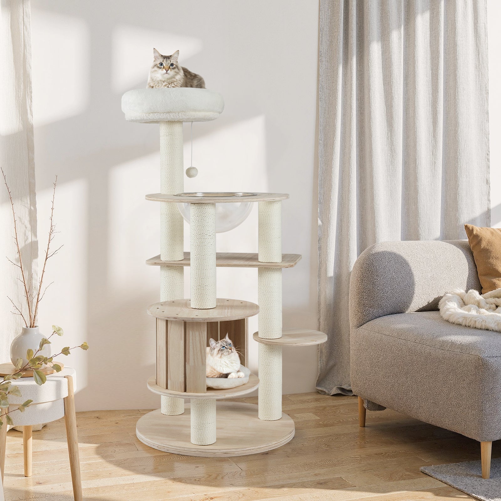 52 Inches Tall Wooden Cat Tree with Washable Plush Cushions and Multi-Level Climbing Stand - Majestic Pet Kingdom