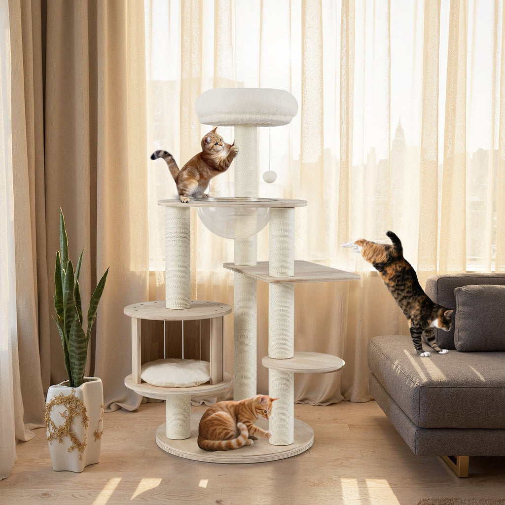 52 Inches Tall Wooden Cat Tree with Washable Plush Cushions and Multi-Level Climbing Stand - Majestic Pet Kingdom