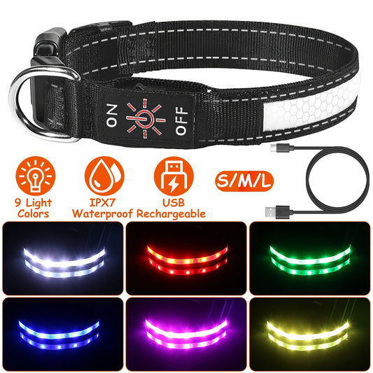 Light Up Dog Collar LED Dog Collar Safety Night Glowing Dog Collar with 9 Light Colors IPX7 Waterproof USB Rechargeable S/M/L | Purrfect Pet Kingdom