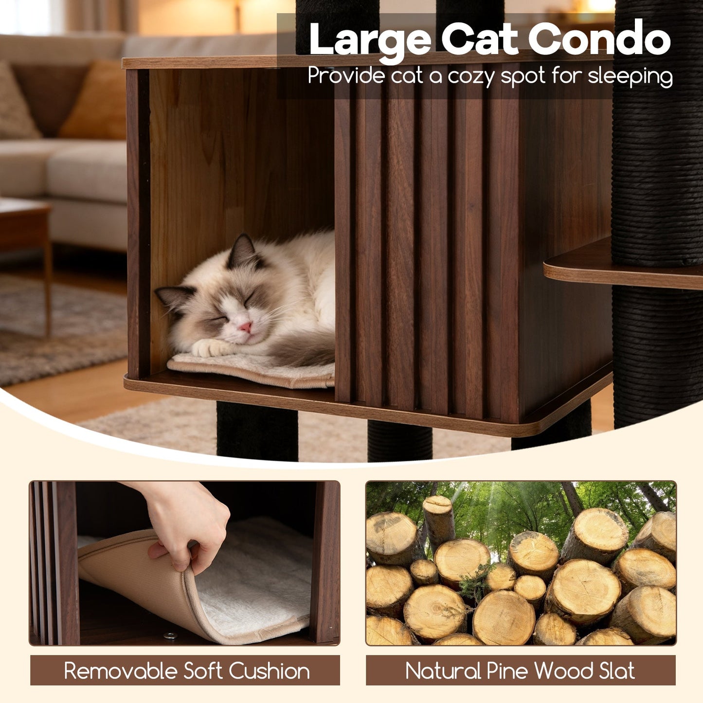 Cat Tree 53.5-Inch Wooden Tower Padded Top Perch Brown Bed - Detail Angle 6 | Majestic Pet Kingdom