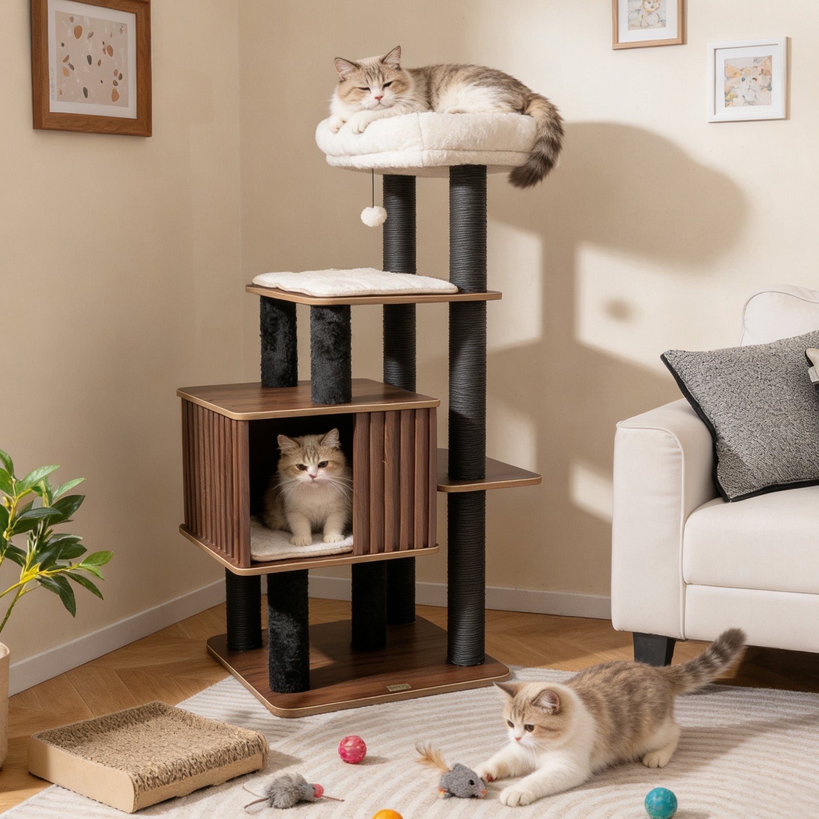 53.5 inch Tall Cat Tree for Indoor Cat Wooden Cat Tower Top Perch with Soft Padding-Brown - Majestic Pet Kingdom