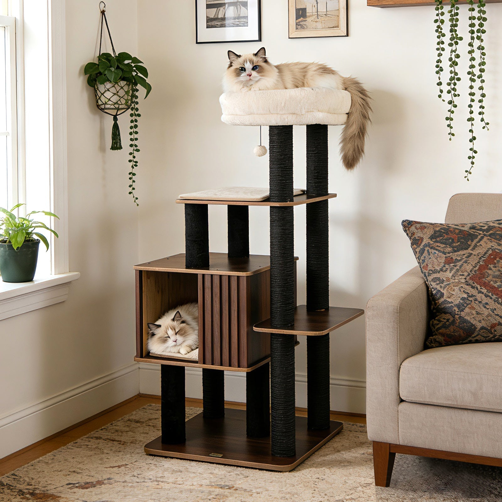 53.5 inch Tall Cat Tree for Indoor Cat Wooden Cat Tower Top Perch with Soft Padding-Brown - Majestic Pet Kingdom