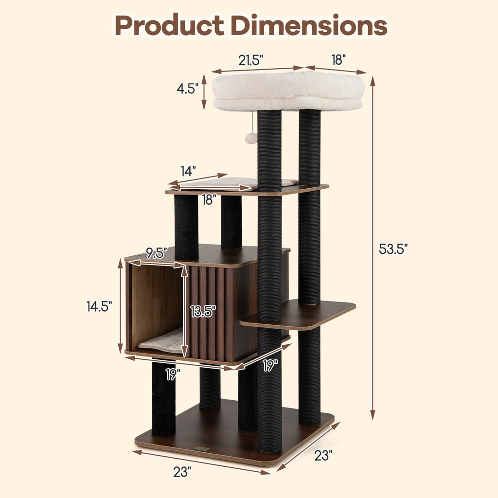 53.5 inch Tall Cat Tree for Indoor Cat Wooden Cat Tower Top Perch with Soft Padding-Brown - Majestic Pet Kingdom