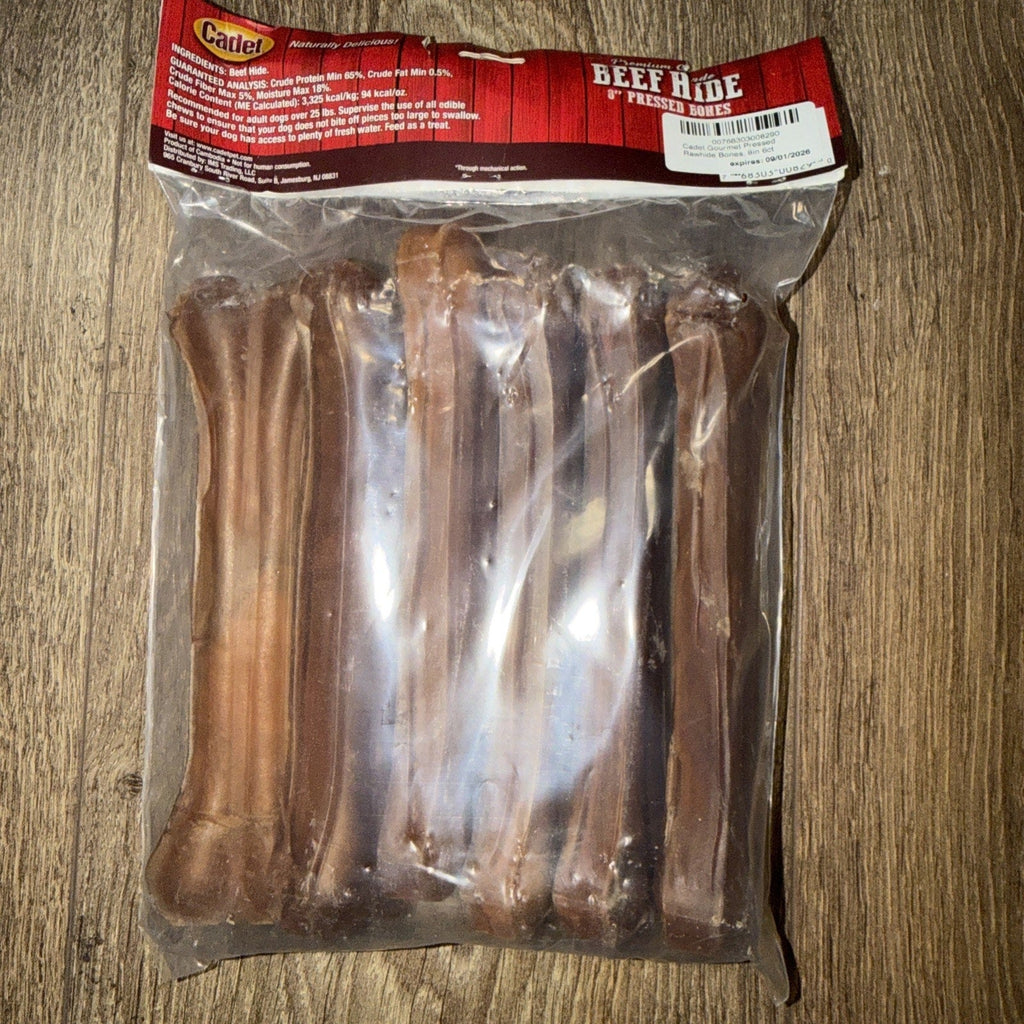 Cadet Pressed Beef Hide Dog Bones — 8 Inch Long-Lasting Rawhide Chews (Best By 9/2026)