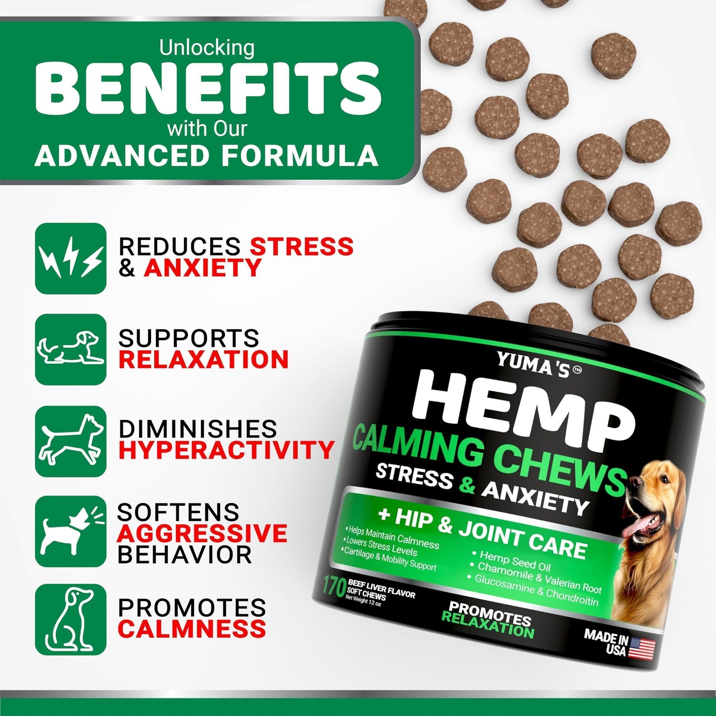 Hemp Calming Chews for Dogs 170 Count Anxiety Relief Beef Flavor - Majestic Pet Kingdom