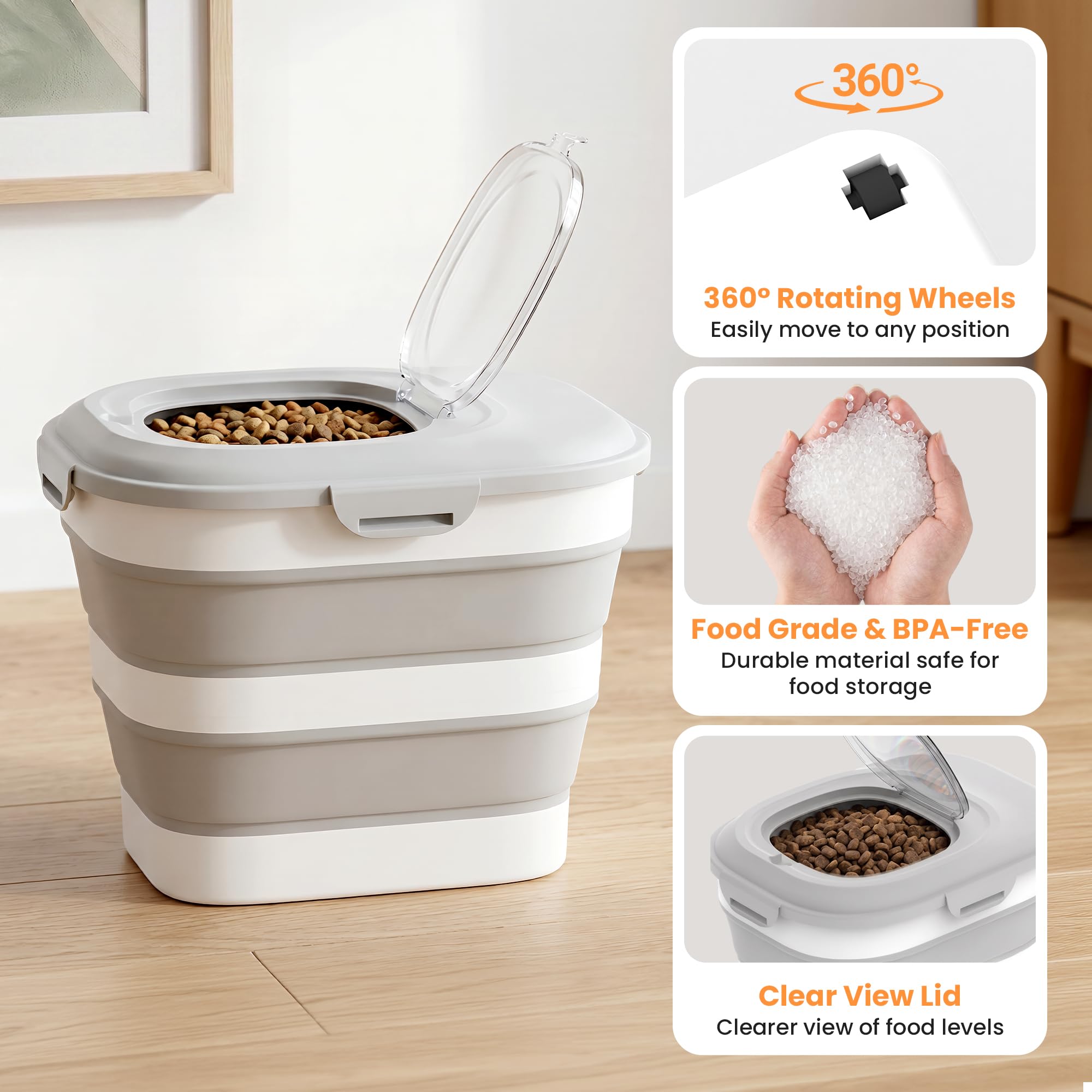 Dog Food Storage Container With Wheels, Collapsible Pet Food Storage Container With Clear Window, Measuring Cup & Scoop, BPA Free Cat Food Container For Rice, Flour, Grain, Bird Seed