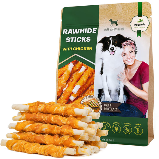 Dog Chews Chicken Wrapped Rawhide Sticks Grain-Free Treats 10pk