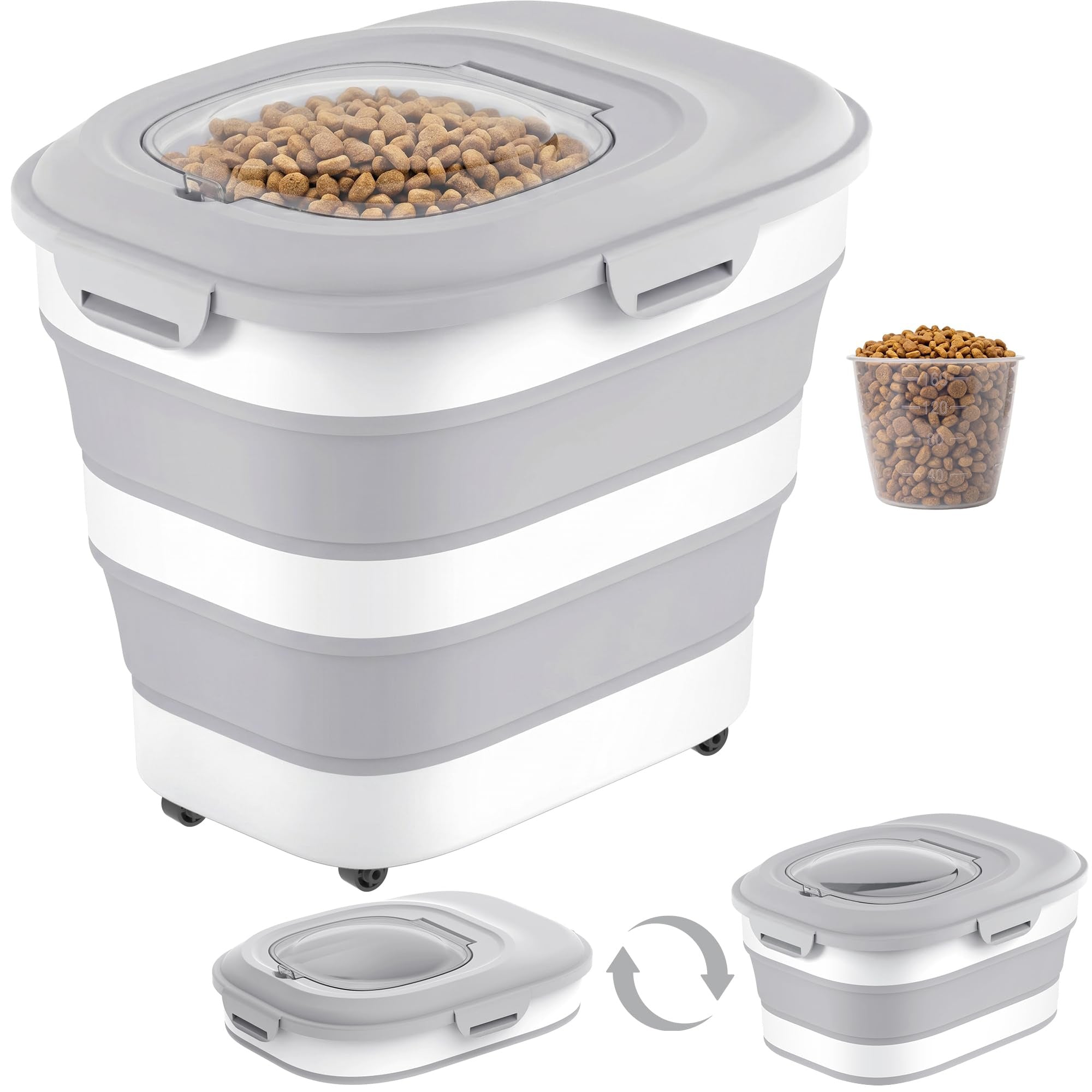 Dog Food Storage Container With Wheels, Collapsible Pet Food Storage Container With Clear Window, Measuring Cup & Scoop, BPA Free Cat Food Container For Rice, Flour, Grain, Bird Seed