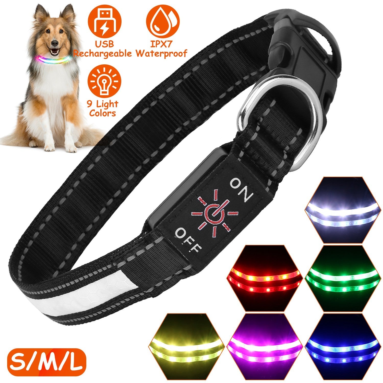 Dog Collar LED Glowing Light-Up 9-Color IPX7 Waterproof Strap - Detail Angle 4 | Majestic Pet Kingdom