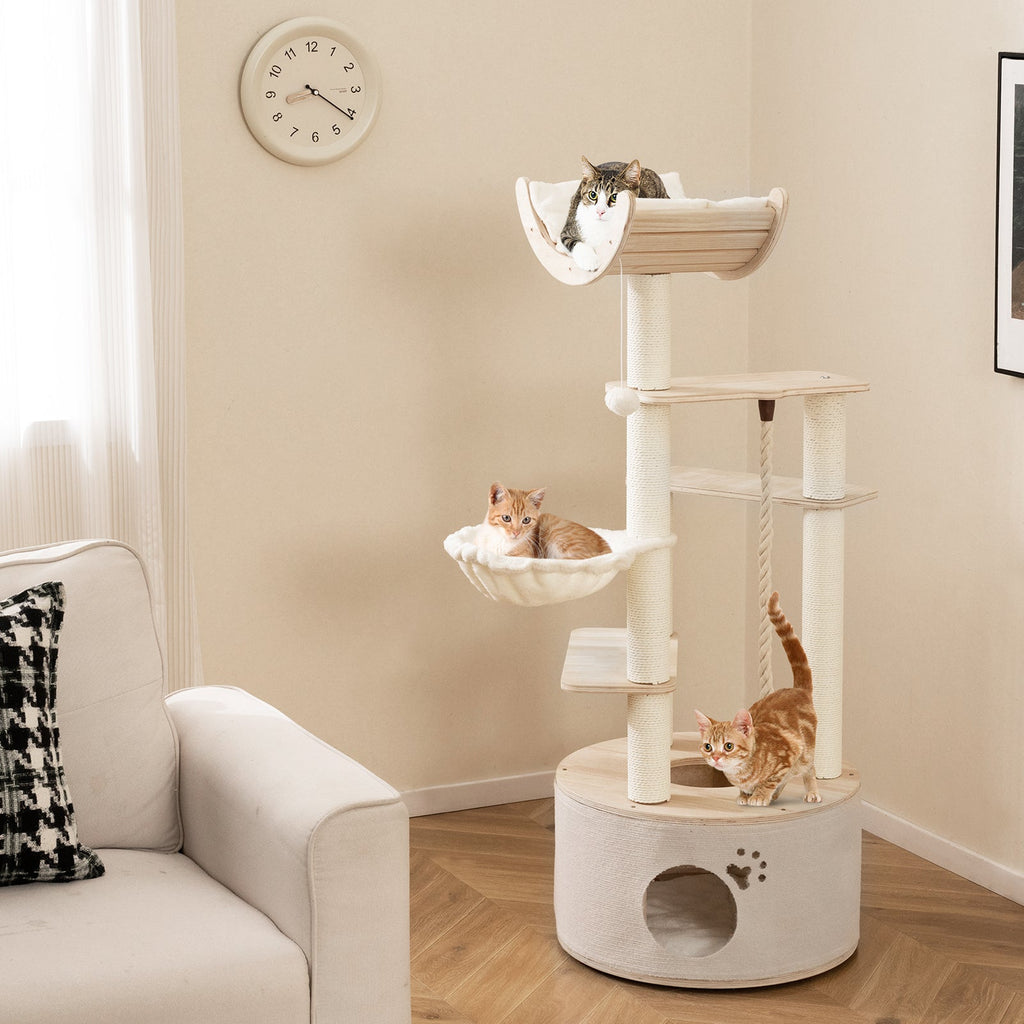 55.5 Inches Tall Wooden Cat Tree with Washable Plush Cushions for Indoor Cats - Majestic Pet Kingdom