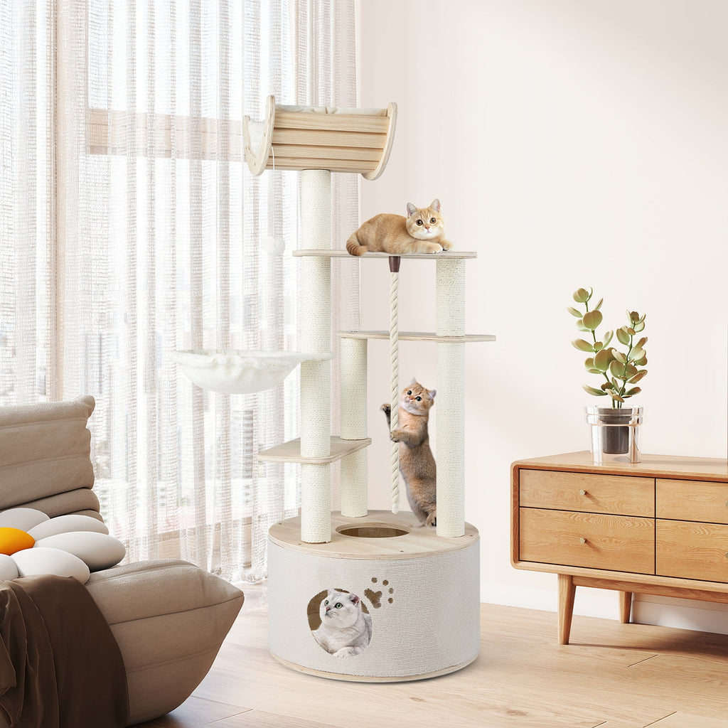 55.5 Inches Tall Wooden Cat Tree with Washable Plush Cushions for Indoor Cats - Majestic Pet Kingdom