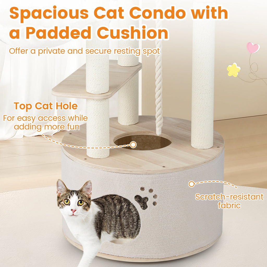 55.5 Inches Tall Wooden Cat Tree with Washable Plush Cushions for Indoor Cats - Majestic Pet Kingdom