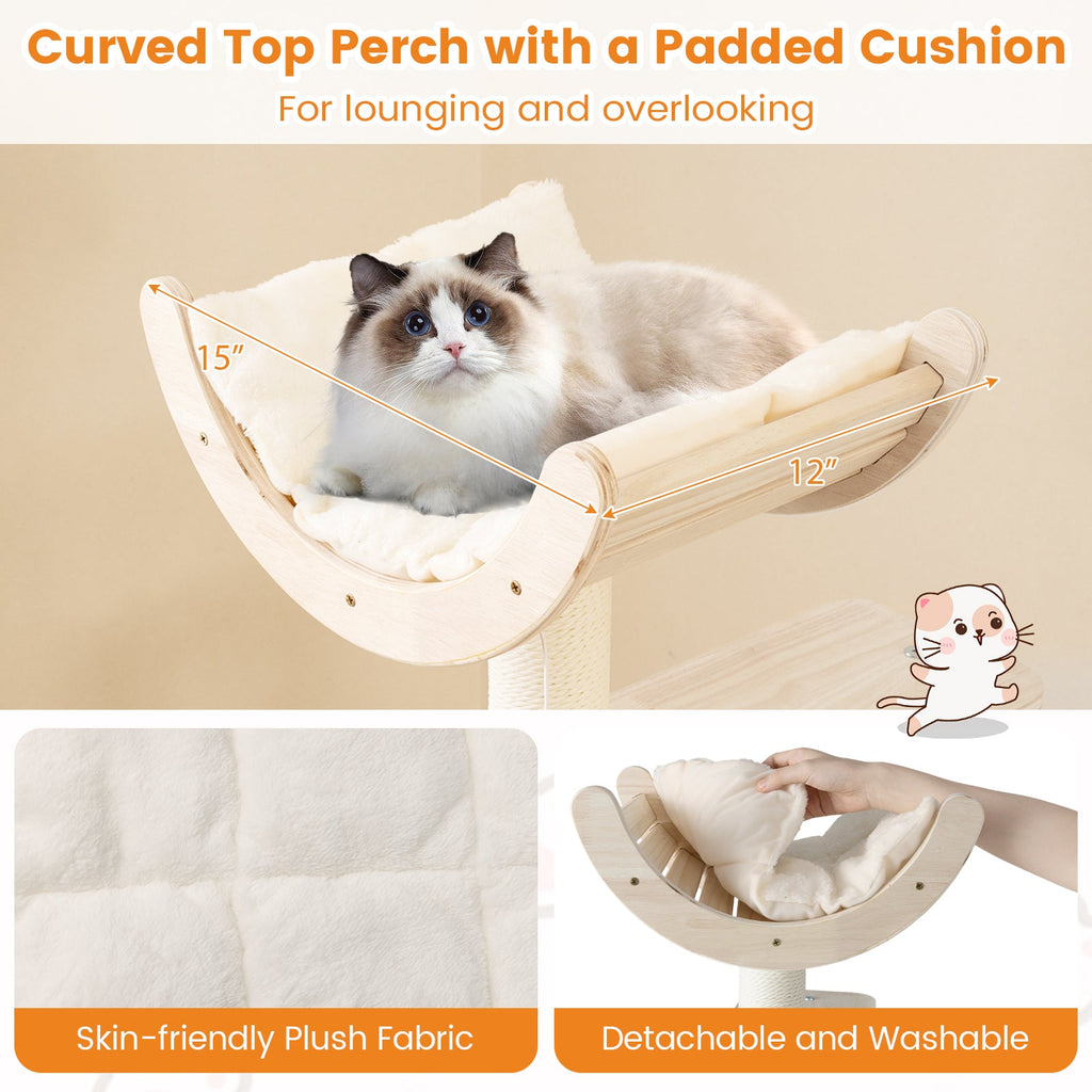 55.5 Inches Tall Wooden Cat Tree with Washable Plush Cushions for Indoor Cats - Majestic Pet Kingdom