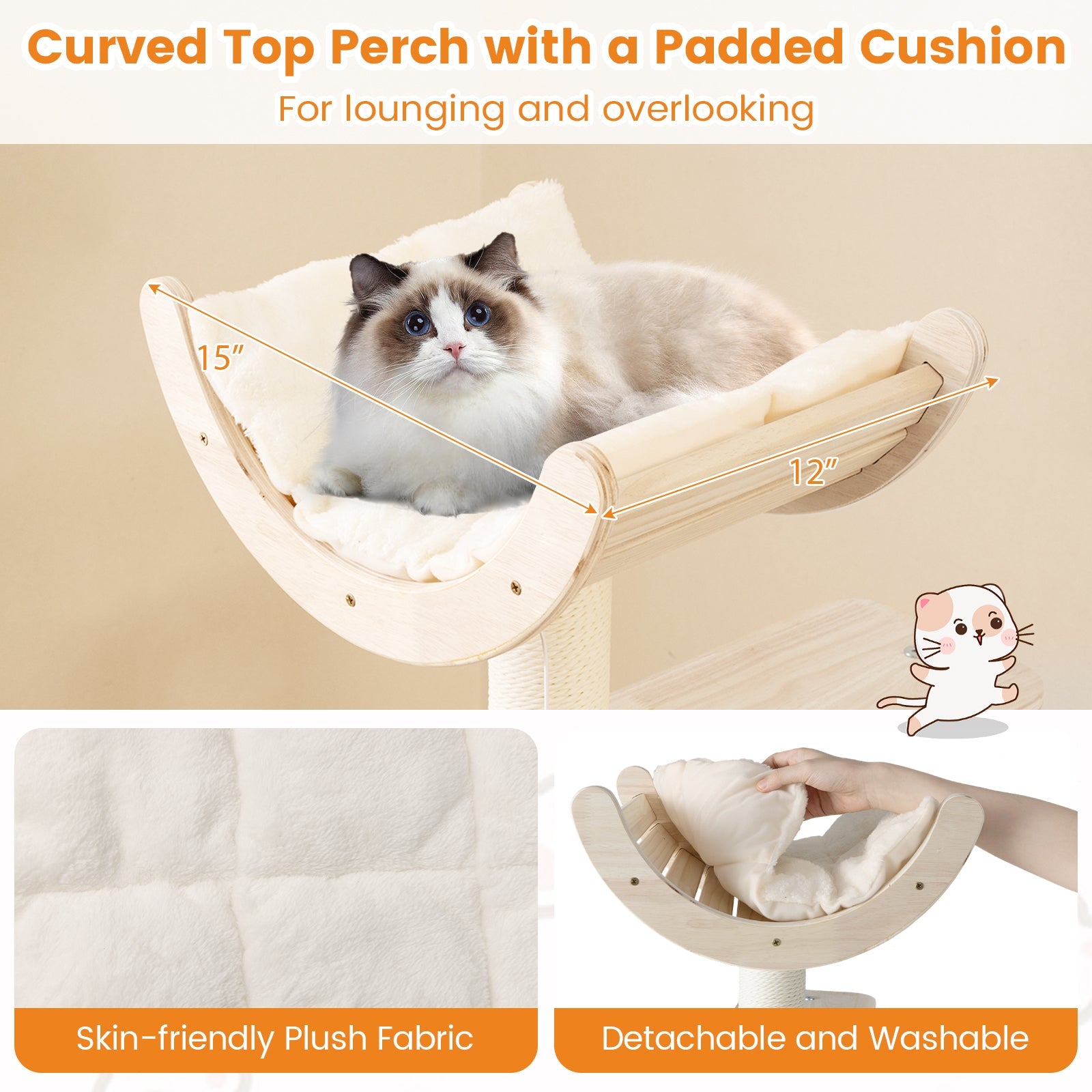 55.5 Inches Tall Wooden Cat Tree with Washable Plush Cushions for Indoor Cats - Majestic Pet Kingdom