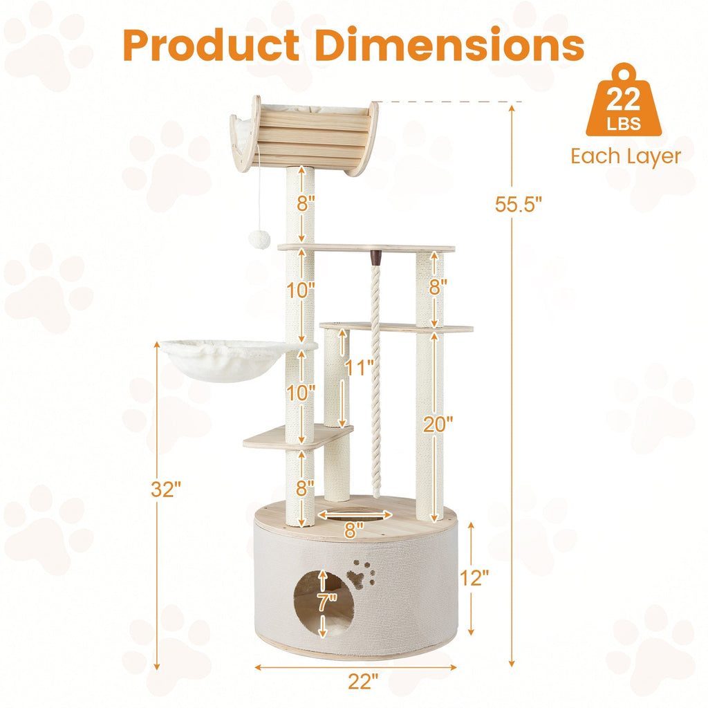 55.5 Inches Tall Wooden Cat Tree with Washable Plush Cushions for Indoor Cats - Majestic Pet Kingdom