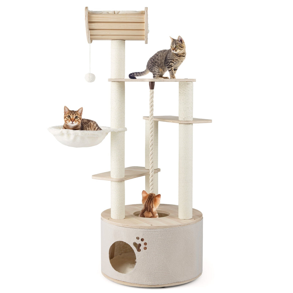55.5 Inches Tall Wooden Cat Tree with Washable Plush Cushions for Indoor Cats - Majestic Pet Kingdom