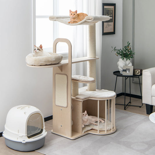 55 Inch Tall Multi-Level Cat Tree with Washable Removable Cushions-Natural | Purrfect Pet Kingdom