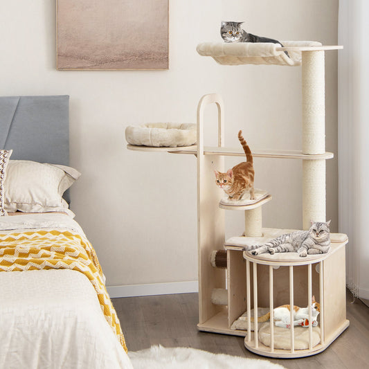 55 Inch Tall Multi-Level Cat Tree with Washable Removable Cushions-Natural | Purrfect Pet Kingdom
