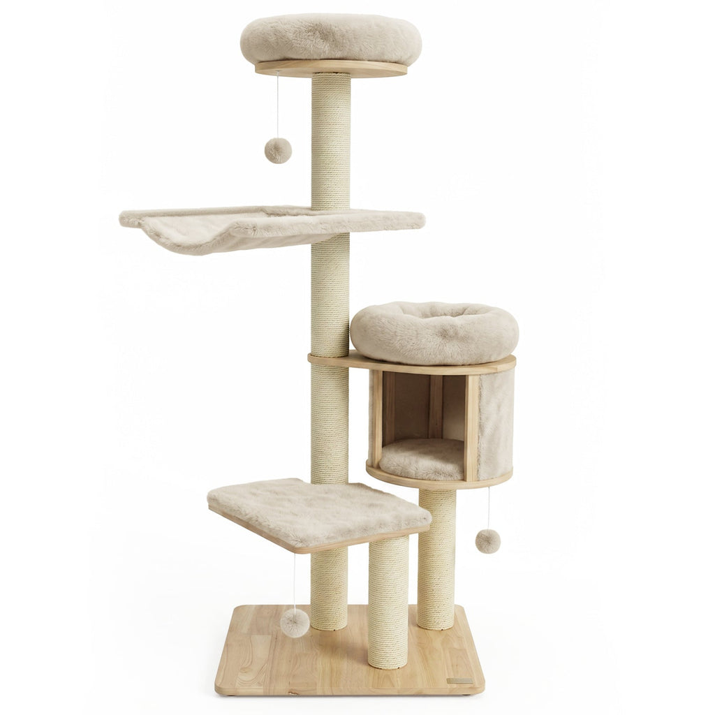 55" Solid Rubber Wood Cat Tree with Condo & Hammock - Majestic Pet Kingdom