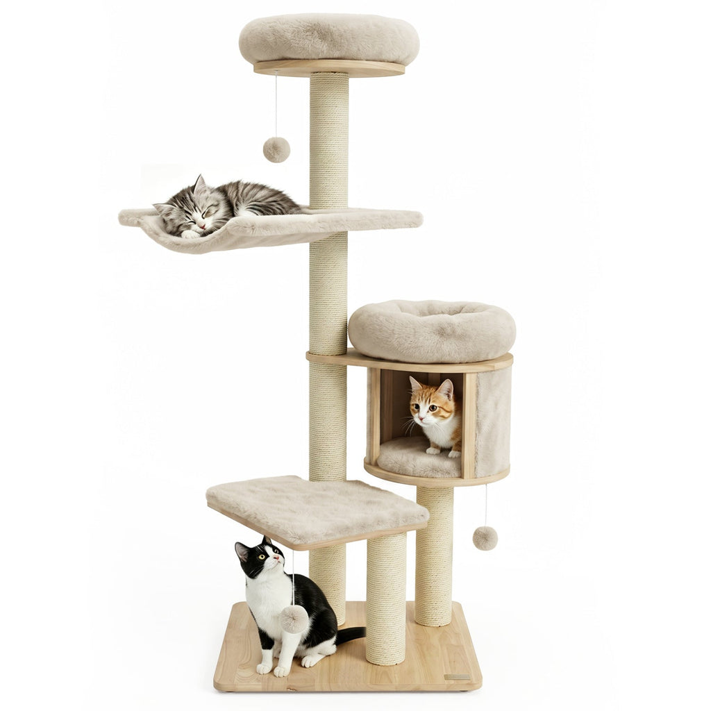 55" Solid Rubber Wood Cat Tree with Condo & Hammock - Majestic Pet Kingdom
