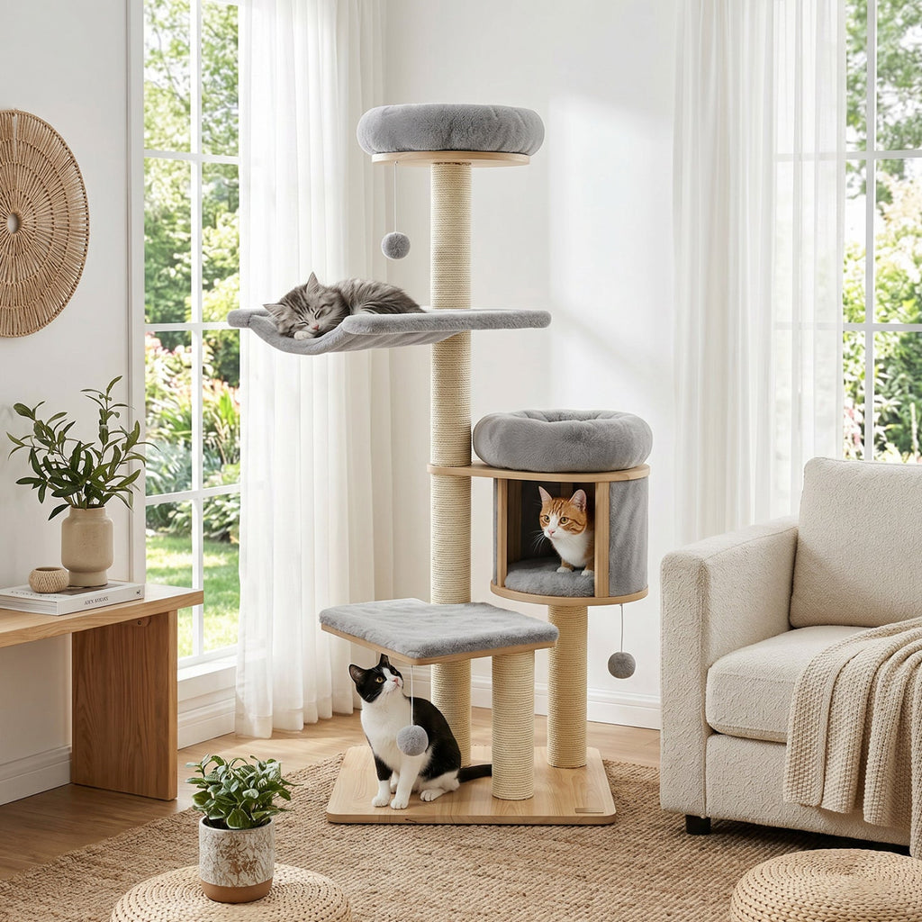 55" Solid Rubber Wood Cat Tree with Condo & Hammock - Majestic Pet Kingdom
