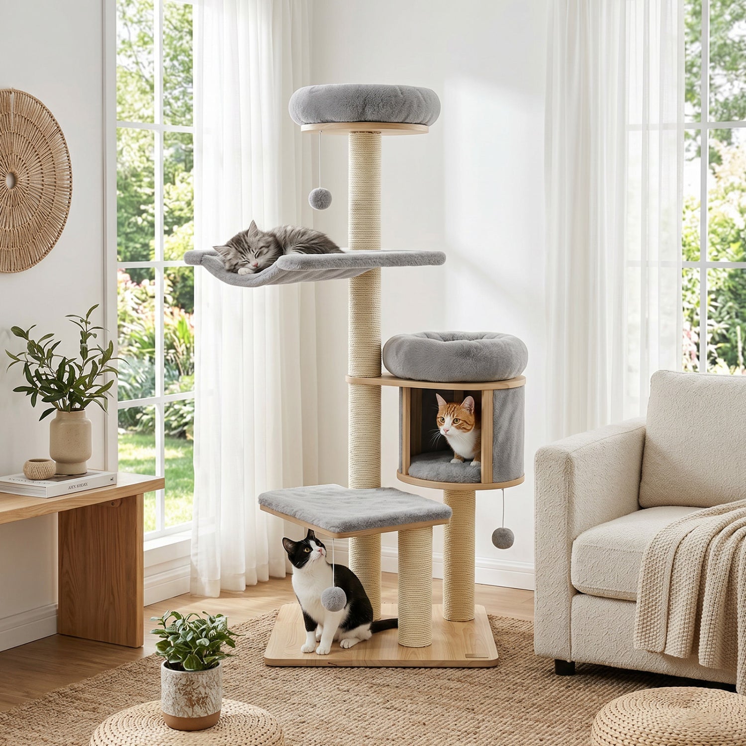 55" Solid Rubber Wood Cat Tree with Condo & Hammock - Majestic Pet Kingdom