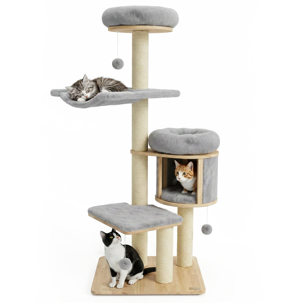 55" Solid Rubber Wood Cat Tree with Condo & Hammock - Majestic Pet Kingdom