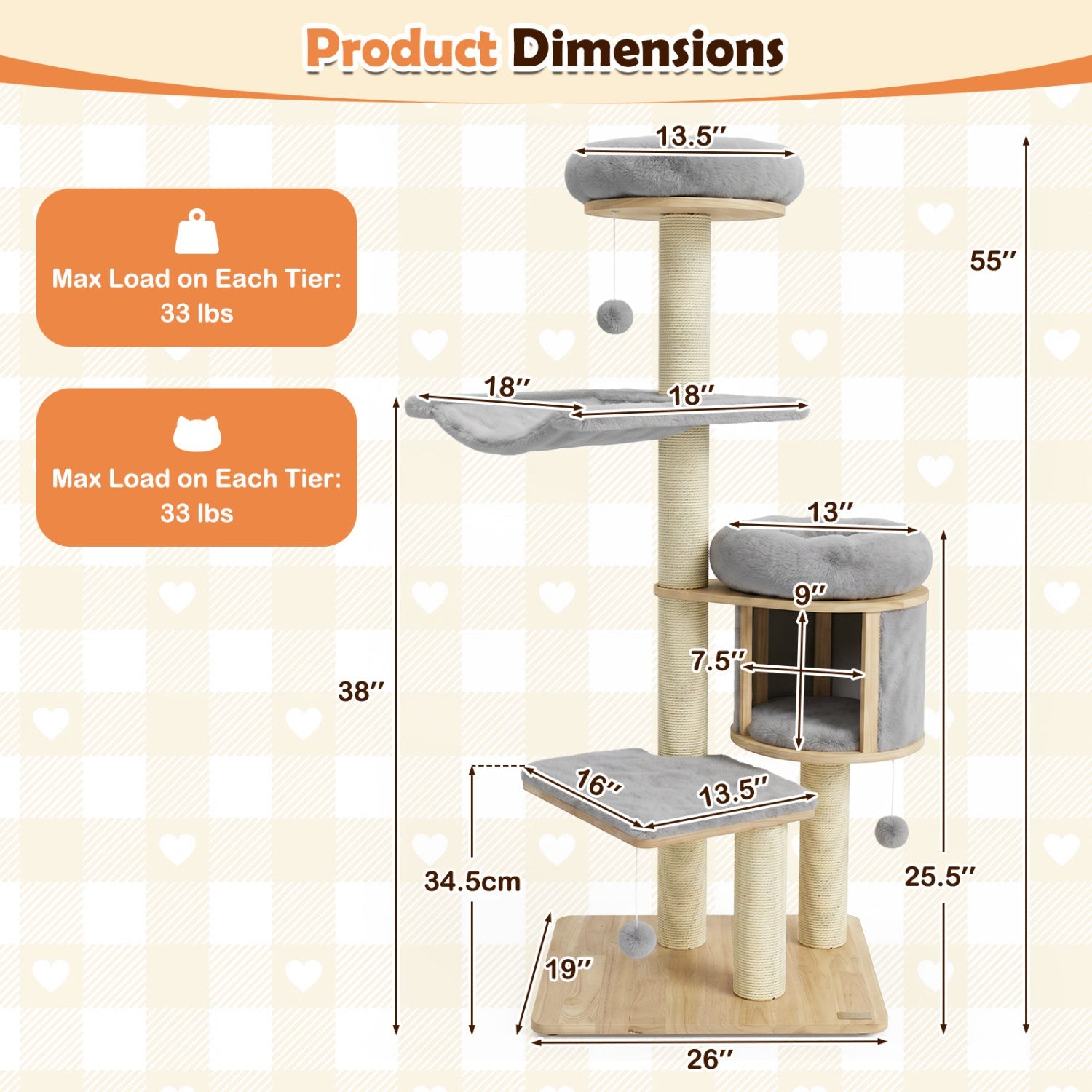 55" Solid Rubber Wood Cat Tree with Condo & Hammock - Majestic Pet Kingdom