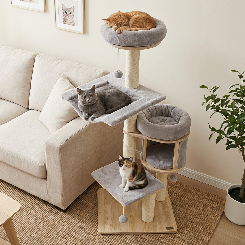 55" Solid Rubber Wood Cat Tree with Condo & Hammock - Majestic Pet Kingdom