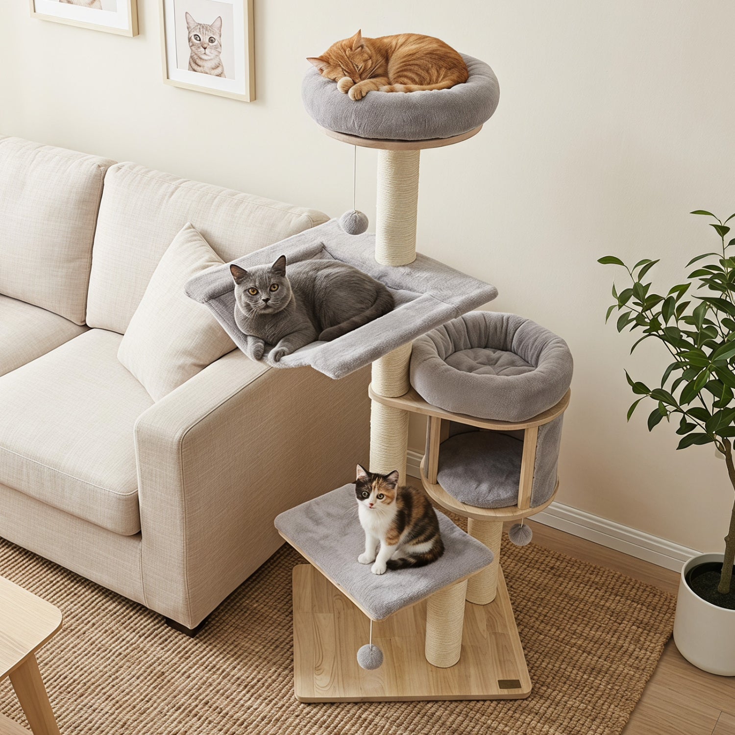 55" Solid Rubber Wood Cat Tree with Condo & Hammock - Majestic Pet Kingdom