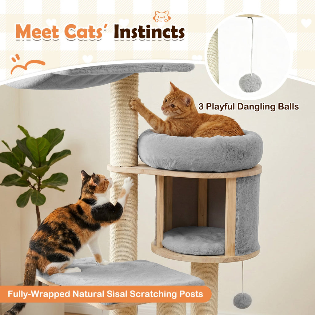 55" Solid Rubber Wood Cat Tree with Condo & Hammock - Majestic Pet Kingdom
