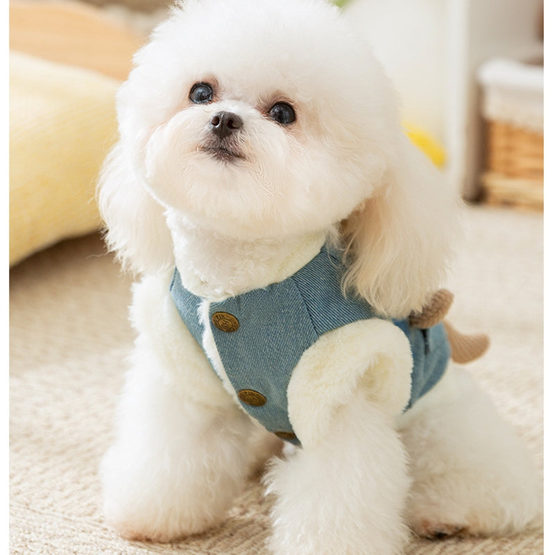 Autumn And Winter Korean-style Dog Pocket Three-dimensional Bear, Denim Towing Vest, Cat Cotton Coat, Warm Pet Dog Clothes - Majestic Pet Kingdom