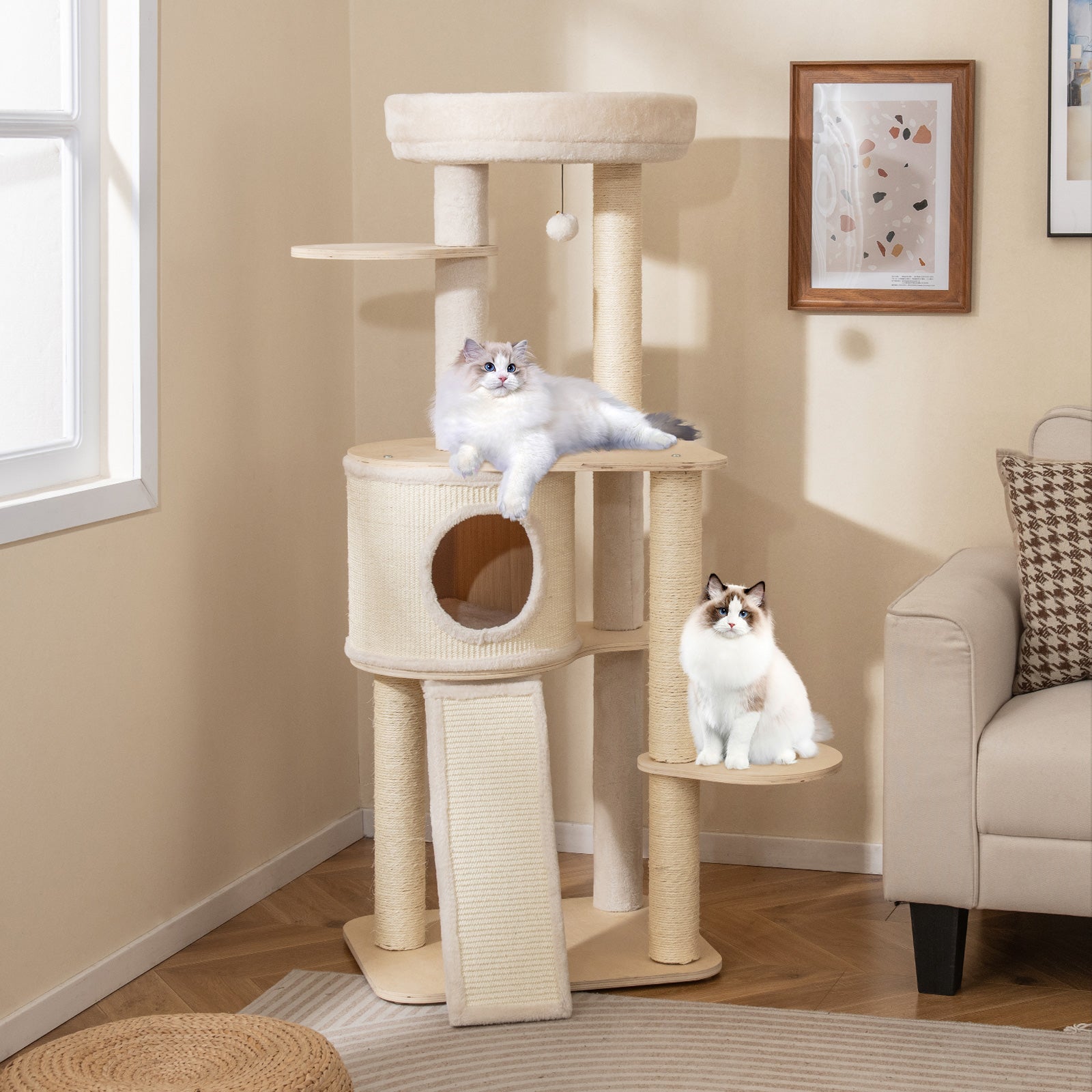 56 Inch Tall Cat Tree with 2 Sisal Scratching Posts and Ladder-NA - Majestic Pet Kingdom
