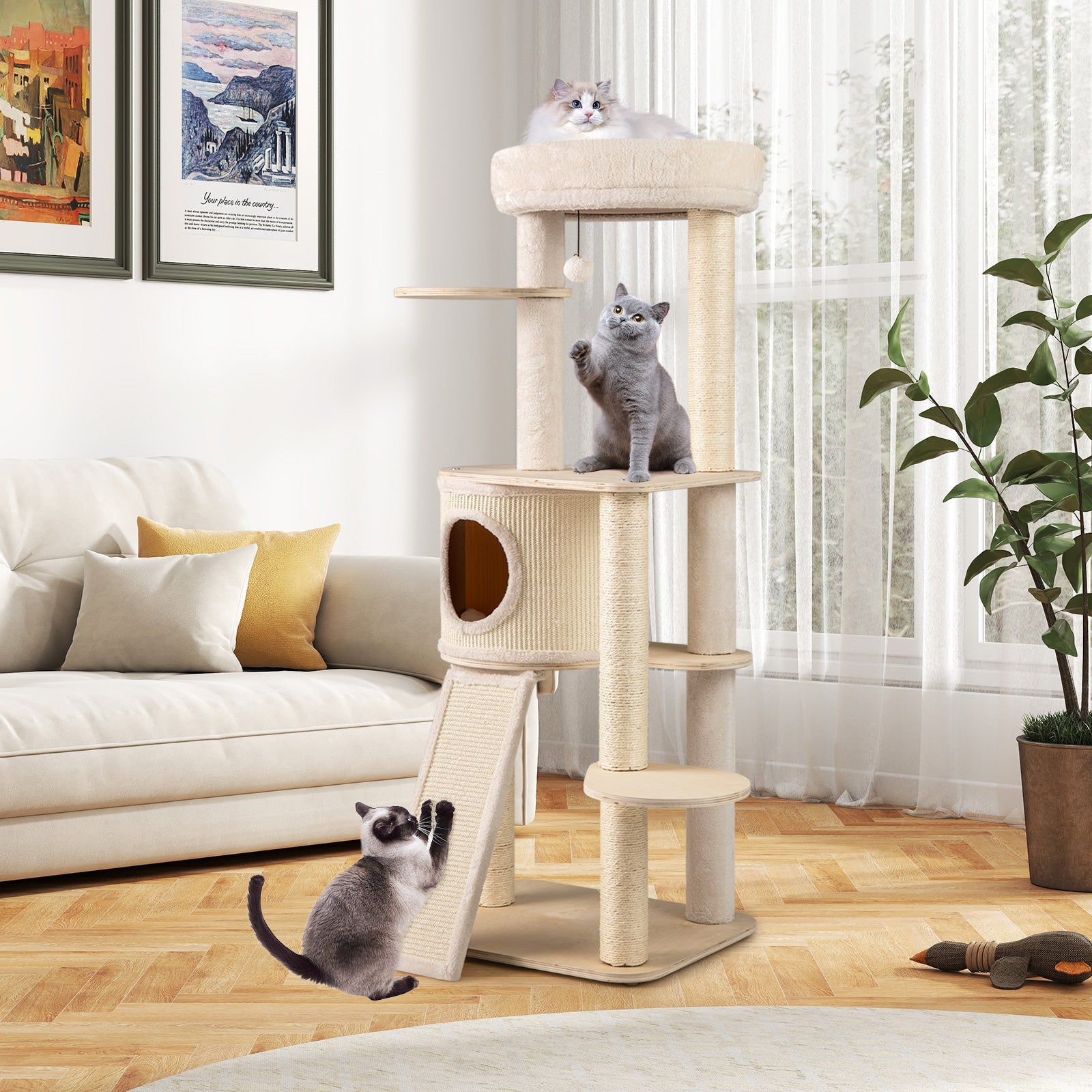 56 Inch Tall Cat Tree with 2 Sisal Scratching Posts and Ladder-NA - Majestic Pet Kingdom