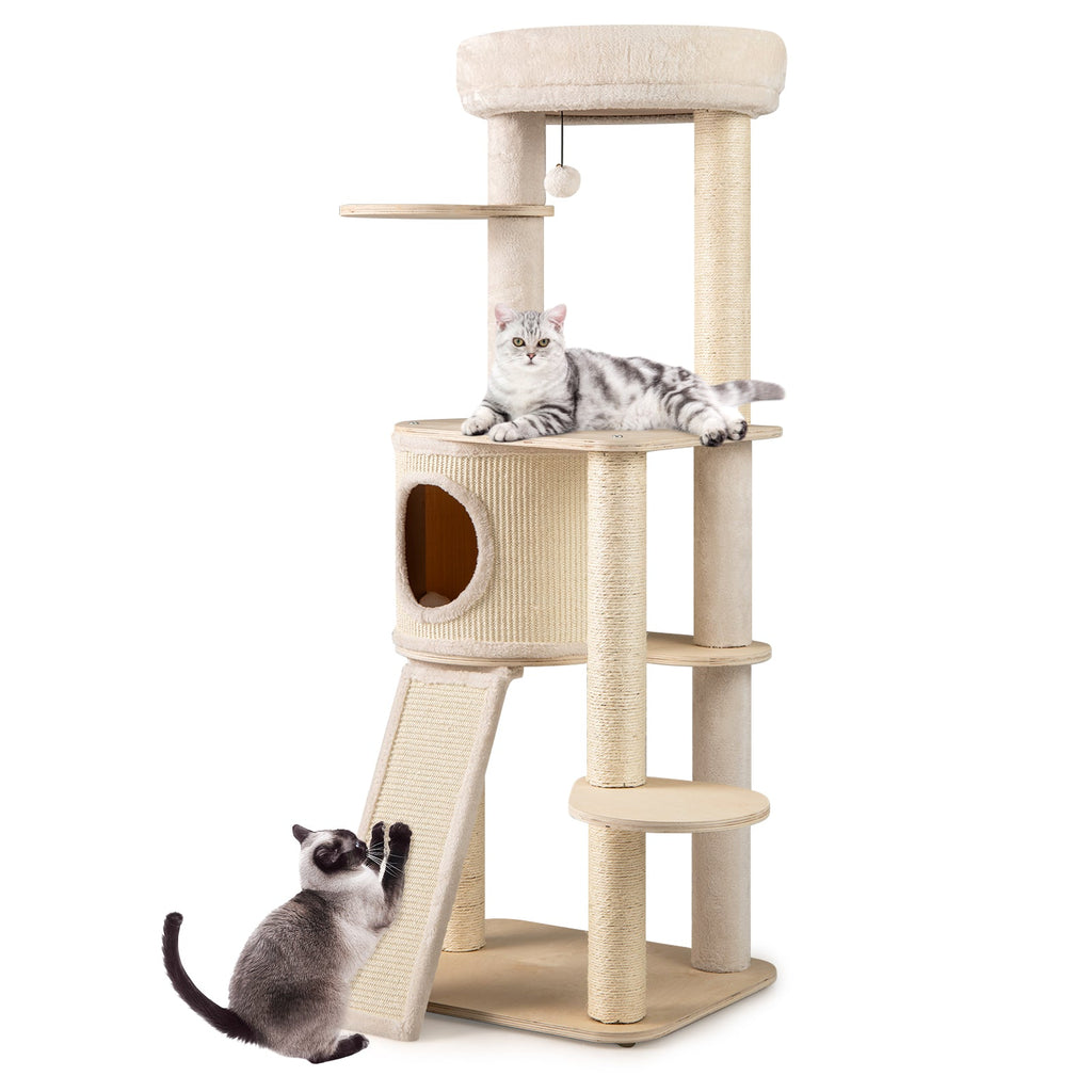 56 Inch Tall Cat Tree with 2 Sisal Scratching Posts and Ladder-NA - Majestic Pet Kingdom