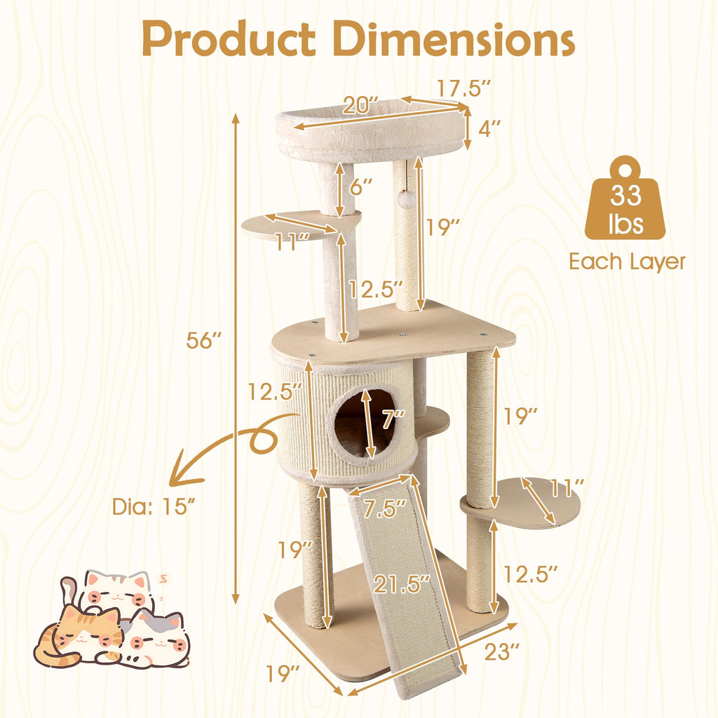 56 Inch Tall Cat Tree with 2 Sisal Scratching Posts and Ladder-NA - Majestic Pet Kingdom