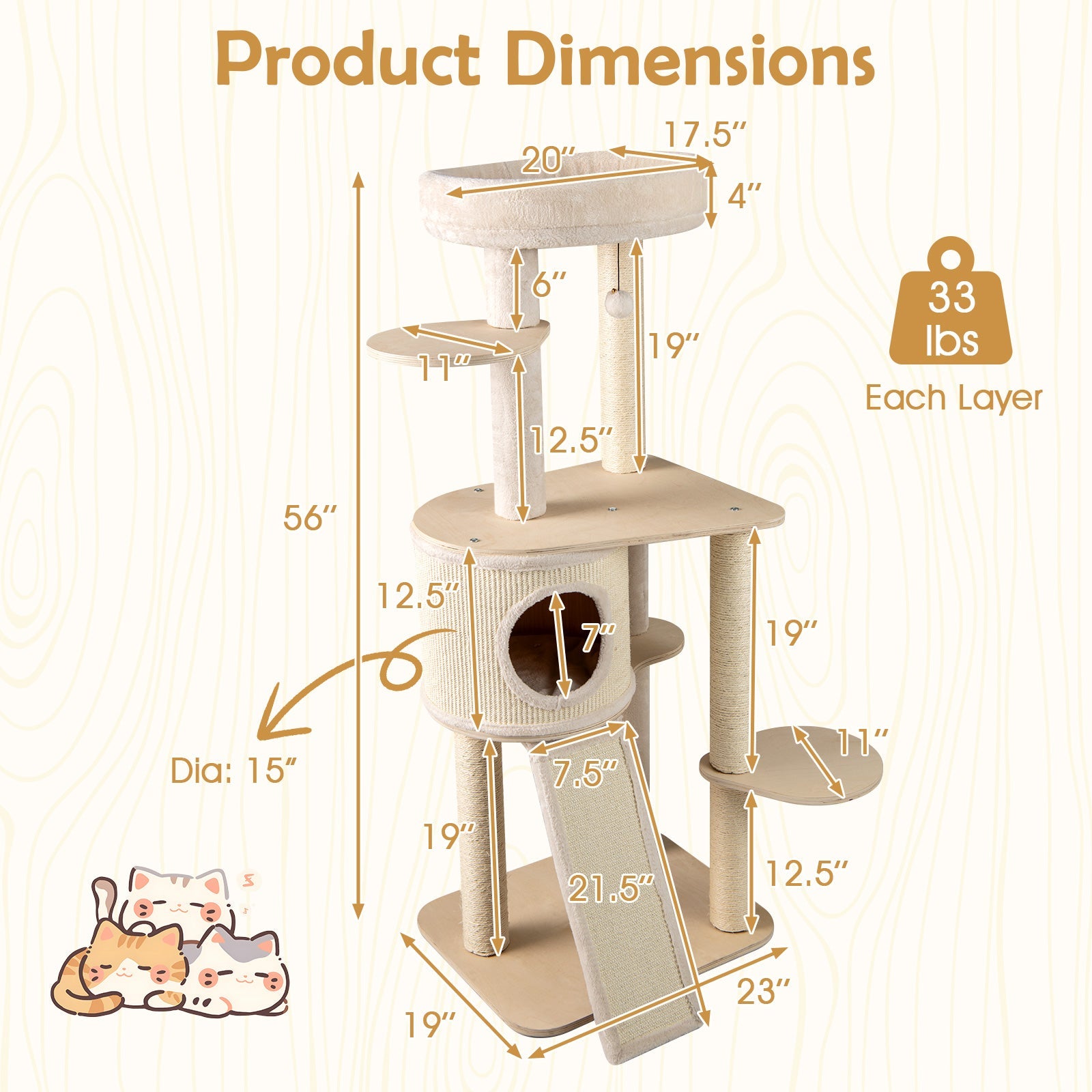 56 Inch Tall Cat Tree with 2 Sisal Scratching Posts and Ladder-NA - Majestic Pet Kingdom
