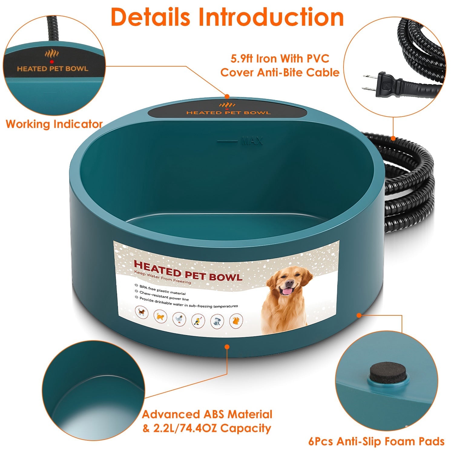 Heated Water Bowl for Dog Cat 74.4OZ Heating Water Dish IP67 Waterproof Thermal Water Bowl Heated Pet Bowl Dog Cat Water Feeder Bowl for Dog Cat Rabbi - Majestic Pet Kingdom