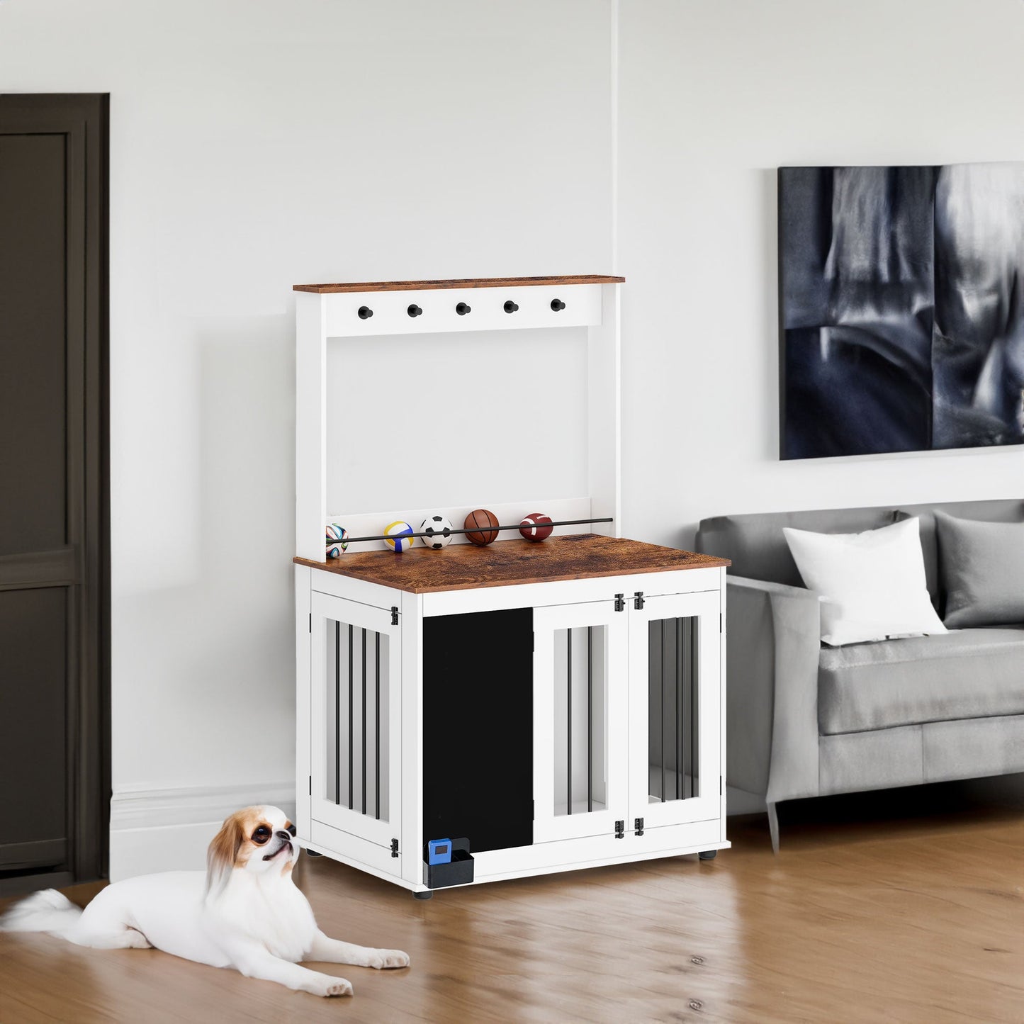Dog Crate Furniture Large Heavy Duty Wooden Cage Double Door White - Main Feature View | Majestic Pet Kingdom