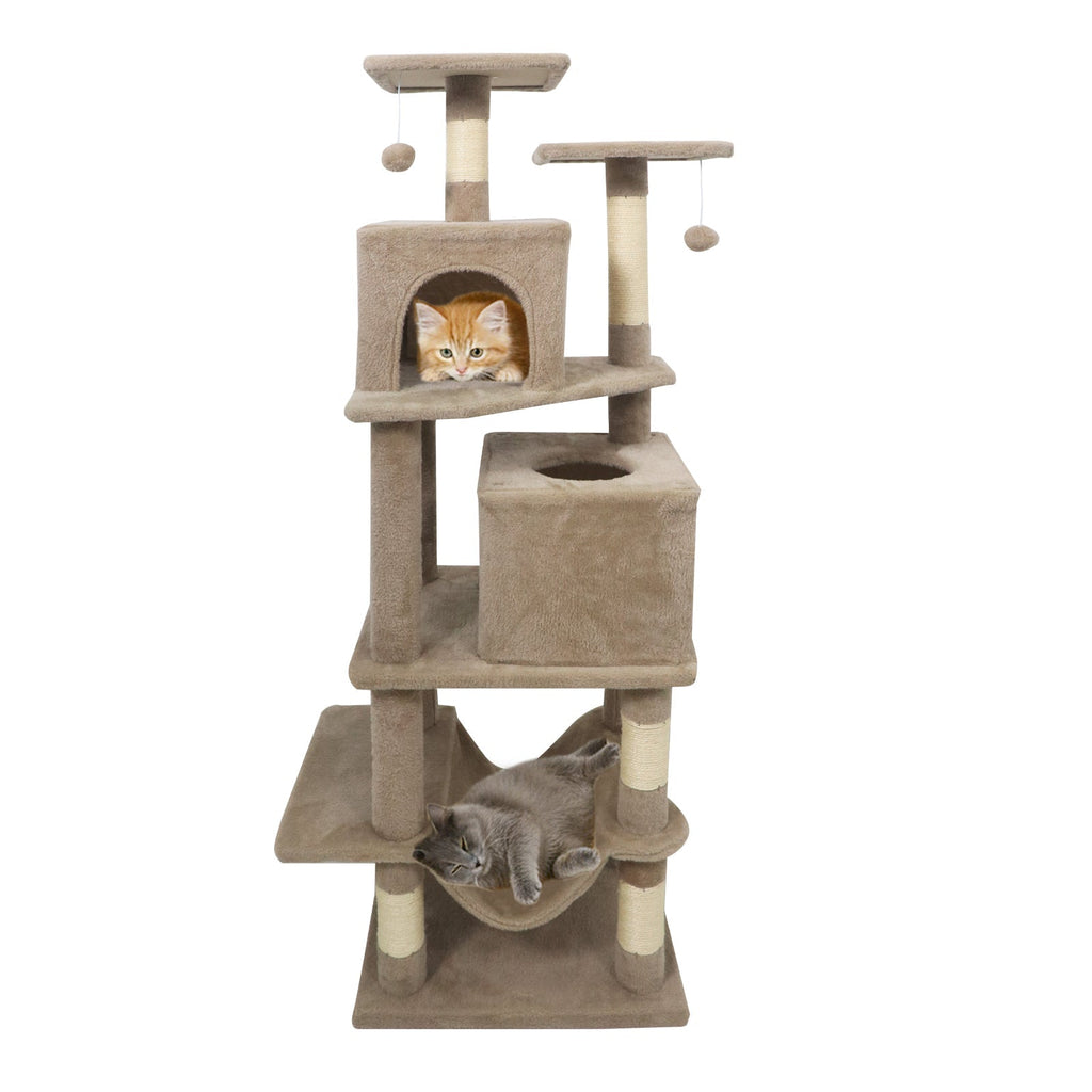 57 Inch Cat Tree with Dual Condos and Hammock and 2 Dangling Balls - Majestic Pet Kingdom