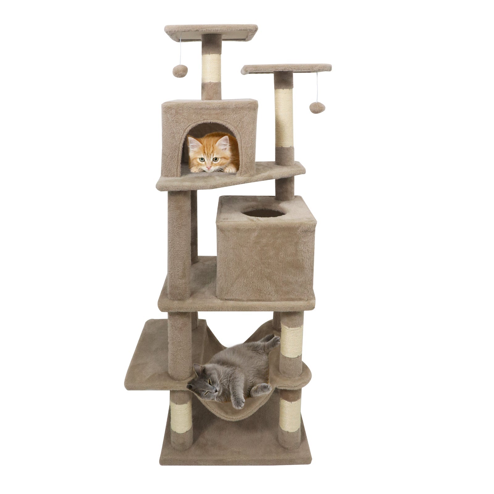 57 Inch Cat Tree with Dual Condos and Hammock and 2 Dangling Balls - Majestic Pet Kingdom